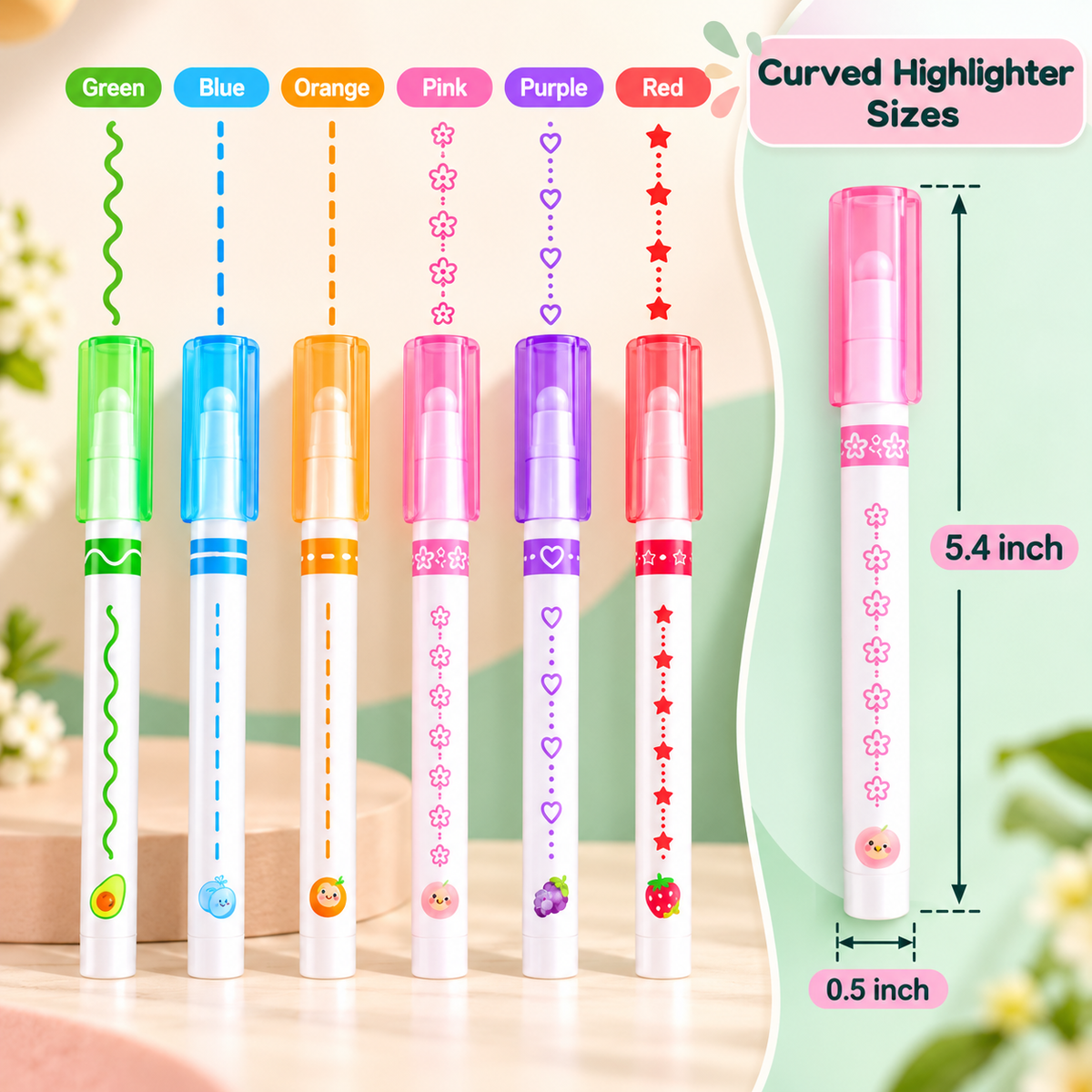 6 Pcs Curve Highlighter Pen Underline Markers