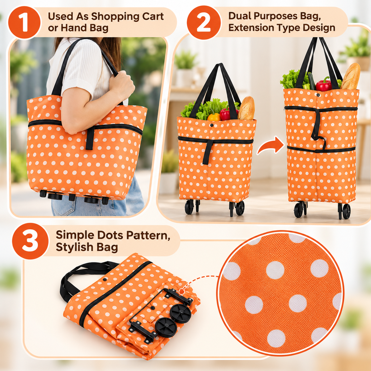 Foldable Shopping Trolley Bag with Wheels, Waterproof